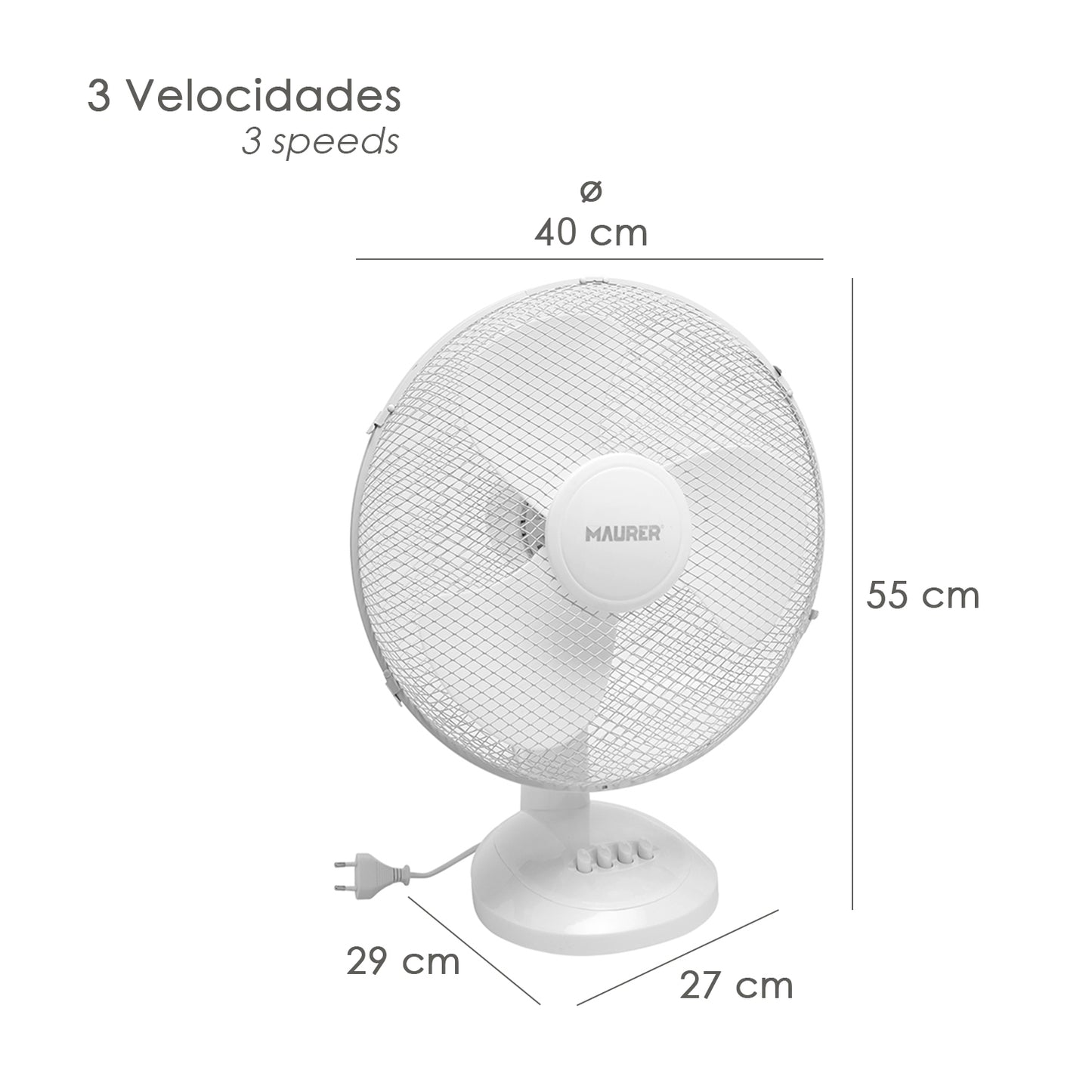 Ventilador de mesa Maurer Ø 40 cm. 45 W. Lâminas grandes, inclinação ajustável, 3 velocidades