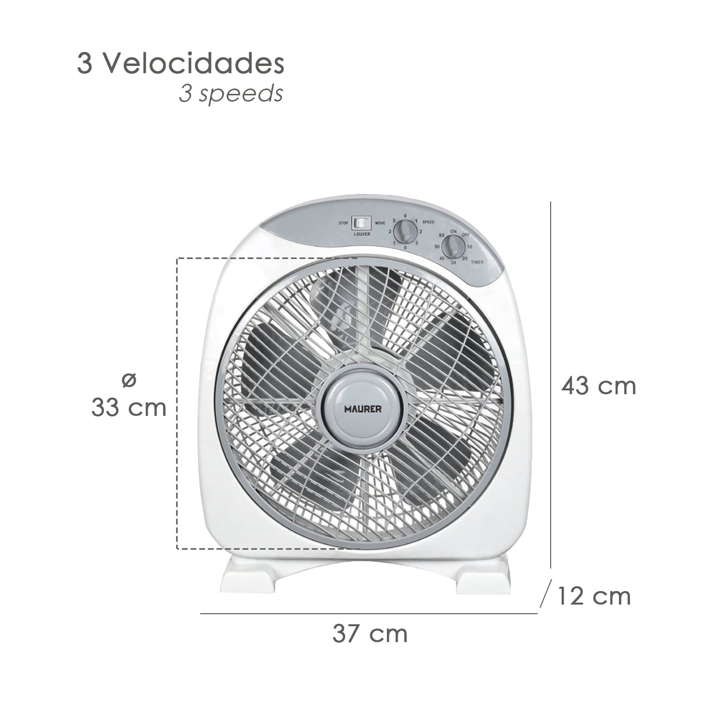 Ventilador Maurer Box Ø 30cm 40 Watt. 3 velocidades Lâminas grandes, 3 Com temporizador