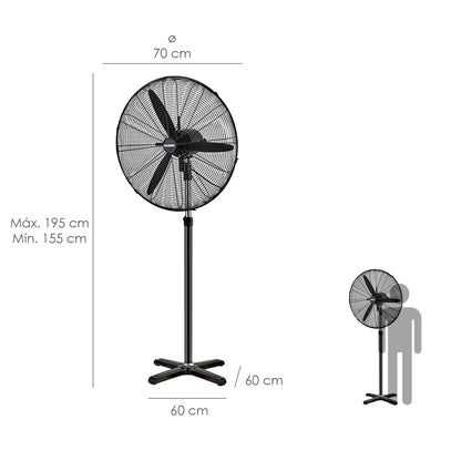 Ventilador de pé Ø 70 x195 cm. Preto 190 W. Oscilação Automática, Altura Ajustável, Cabeça Inclinável, Base Estável 60x60 cm.