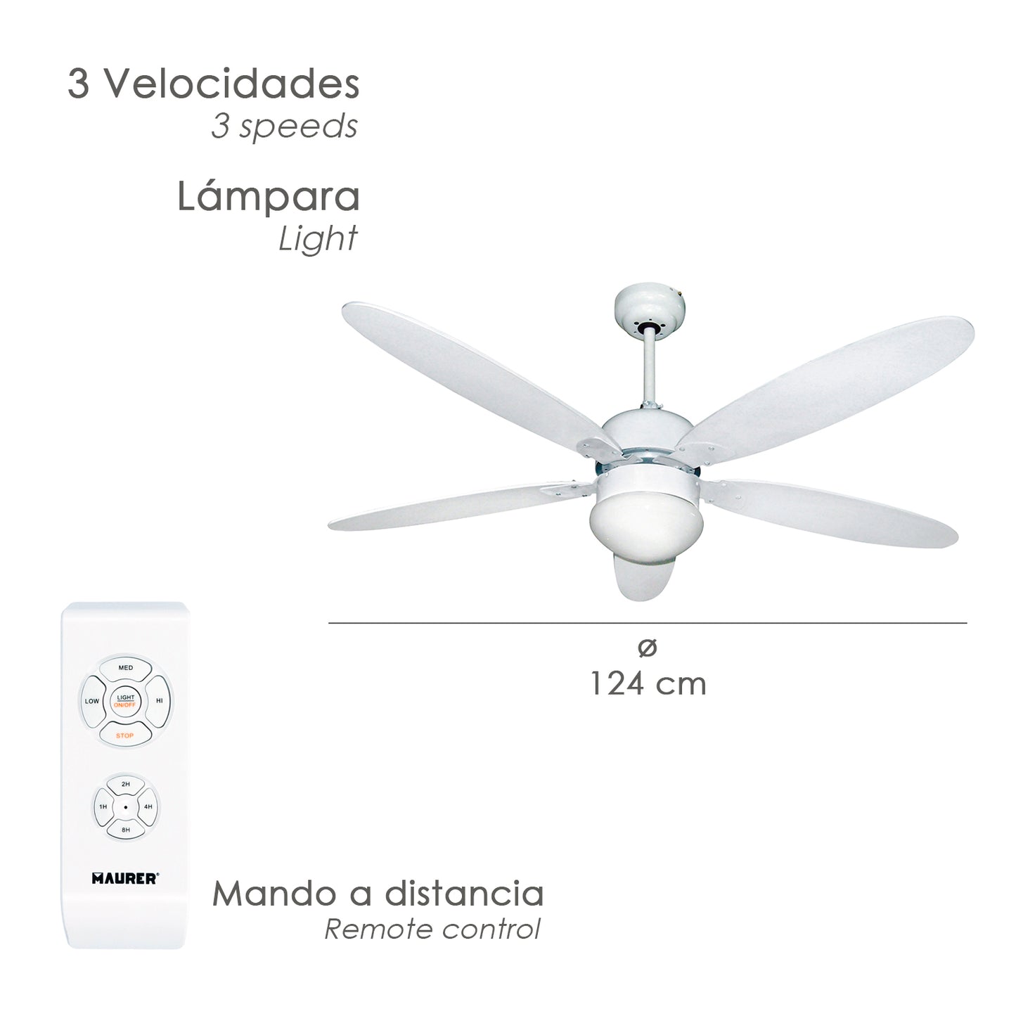 Ventilador de teto Ø 124 cm. 70 Watts. Com Luz e Controle Remoto 5 Lâminas e 3 Velocidades. com temporizador