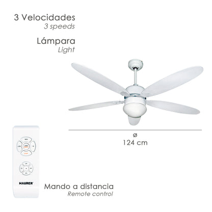 Ventilador de teto Ø 124 cm. 70 Watts. Com Luz e Controle Remoto 5 Lâminas e 3 Velocidades. com temporizador