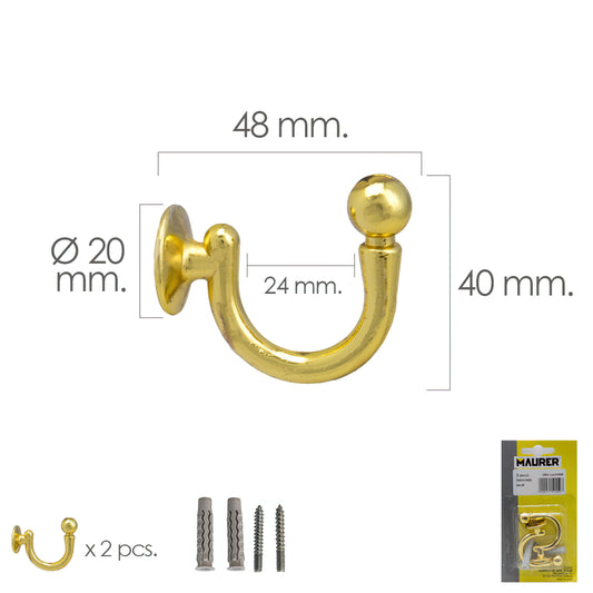 Gancho de latão aparafusado 48 mm. Com buchas e parafusos (Blister 2 peças)
