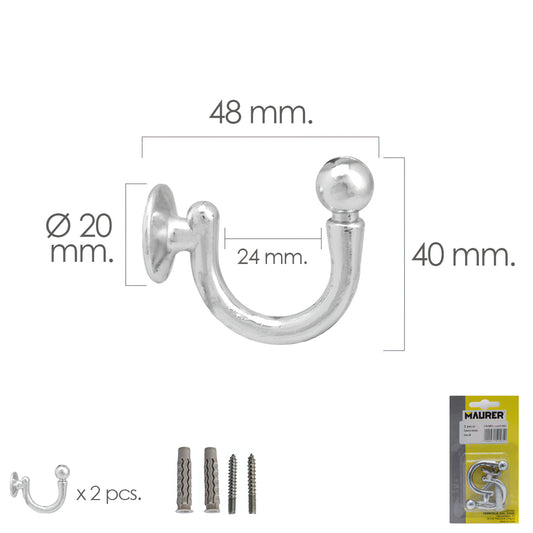 Gancho cromado aparafusado 48 mm. Com buchas e parafusos (Blister 2 peças)