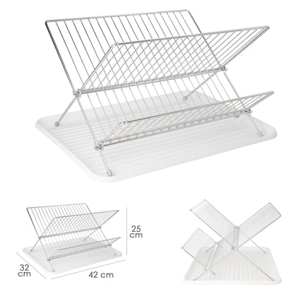 Escurreplatos Plegable Con Rejilla De Acero Cromado Y Bandeja De Secado, 2 Niveles