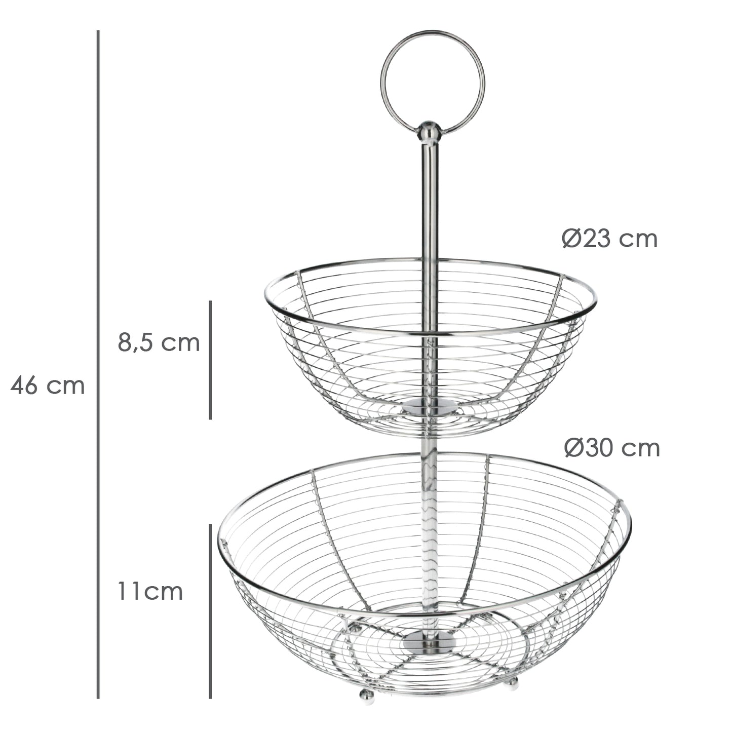 Frutero 2 Niveles, Acero Cromado, Doble Canasta De Rejilla, Ø 30x46 (Alt) cm.