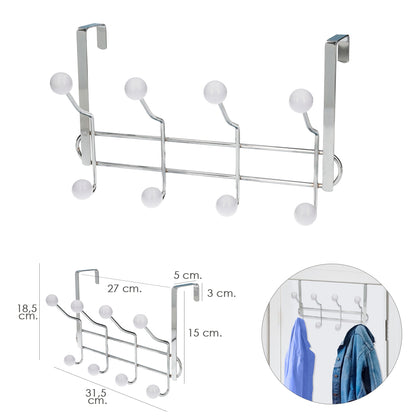 Cabide cromado pendurado para porta 4/8 ganchos. Acabamento branco.