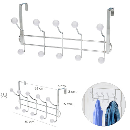 Cabide cromado pendurado para porta 5/10 ganchos. Acabamento branco.