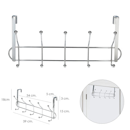 Cabide cromado pendurado para porta 5/10 ganchos. Acabamento metálico.