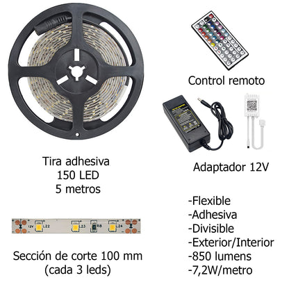 Faixa Led Multicolor Rgb Com Controle Adesivo Com 150 Leds 36 W 12 V. 850 Lumens Luz Multicolor IP 20 5 Metros