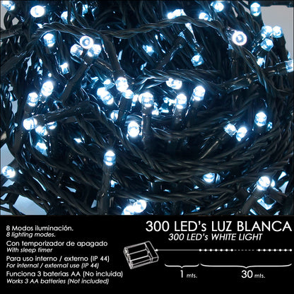 Luzes de Natal operadas por bateria 300 Leds luz branca interna/externa (IP44)