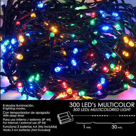 Luces Navidad A Pilas 300 Leds Multicolor Interior / Exterior (IP44)