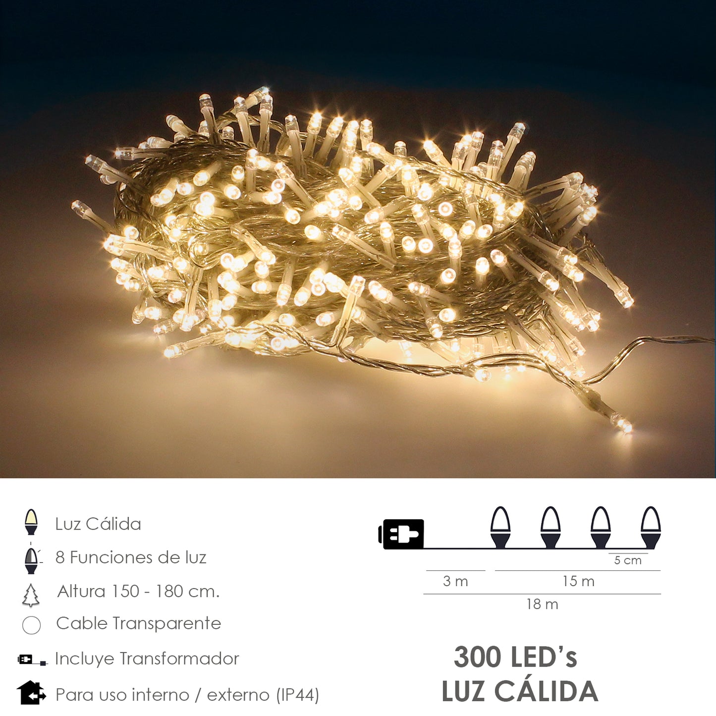 Cordas de Luzes de Natal 300 Leds Cor Branca Quente. Luz de Natal interior e exterior Ip44. Fio Transparente.