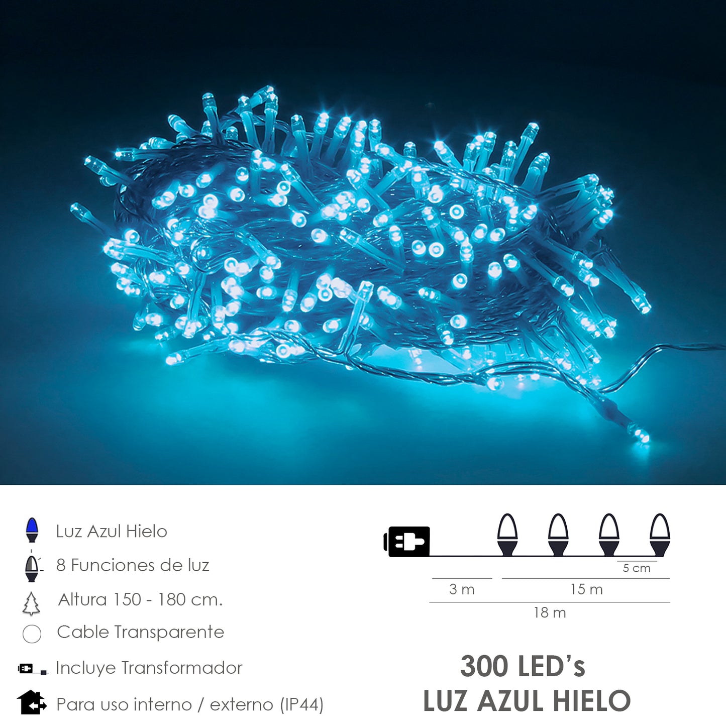 Cordas de Luzes de Natal 300 Leds Cor Azul Gelo. Luz de Natal interior e exterior Ip44. Fio Transparente.