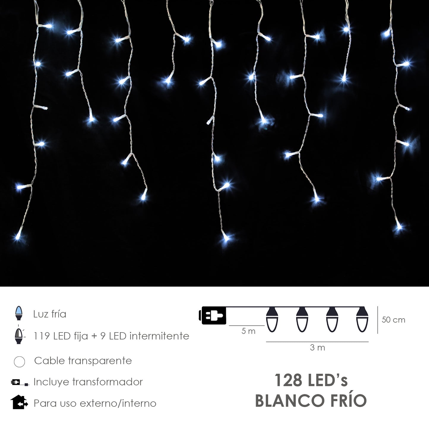 Cortina de Natal Luzes Guirlanda 3x0, Medidores 128 Leds Branco Frio. Luz de Natal interior e exterior Ip44. Fio Transparente.