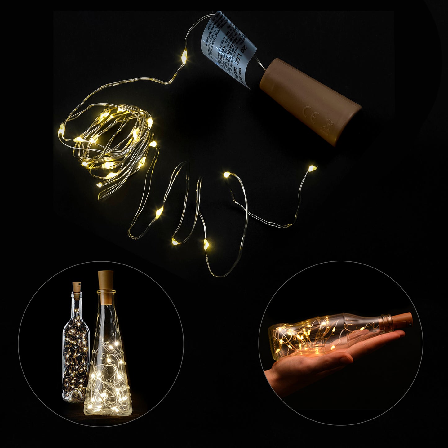 Luces Navidad Guirnalda Led con Tapon 20 Microled Blanco Calido IP20. A Pilas 3 LR44 (Si Incluidas)