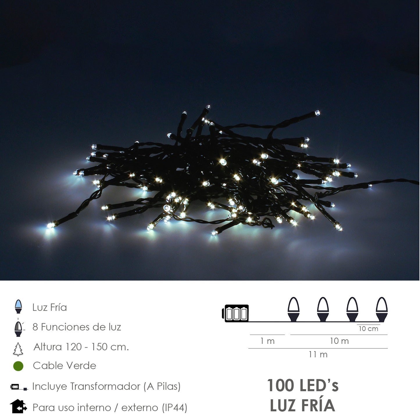 Luzes de Natal Guirlanda 100 Leds Cor Branco Frio Luz de Natal interior e exterior IP44. Alimentado por 3 Pilhas AA (Não inclusas)