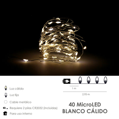 Cordas de Luzes de Natal Microled 40 Leds Branco Quente. Luz de Natal interna IP20 A Pilhas (3 AA não incluídas)