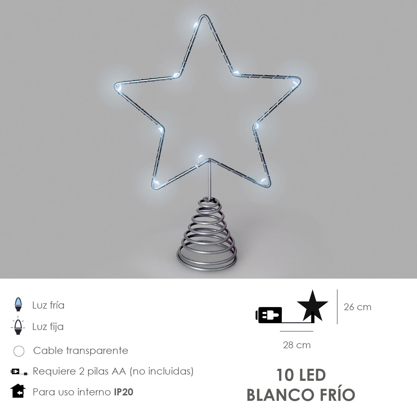 Guirnalda Adorno Luces Navidad Estrella Arbol Navidad Luz Blanco Frio. 10 Leds. Uso Interno Protección IP20. 2 Baterias AA