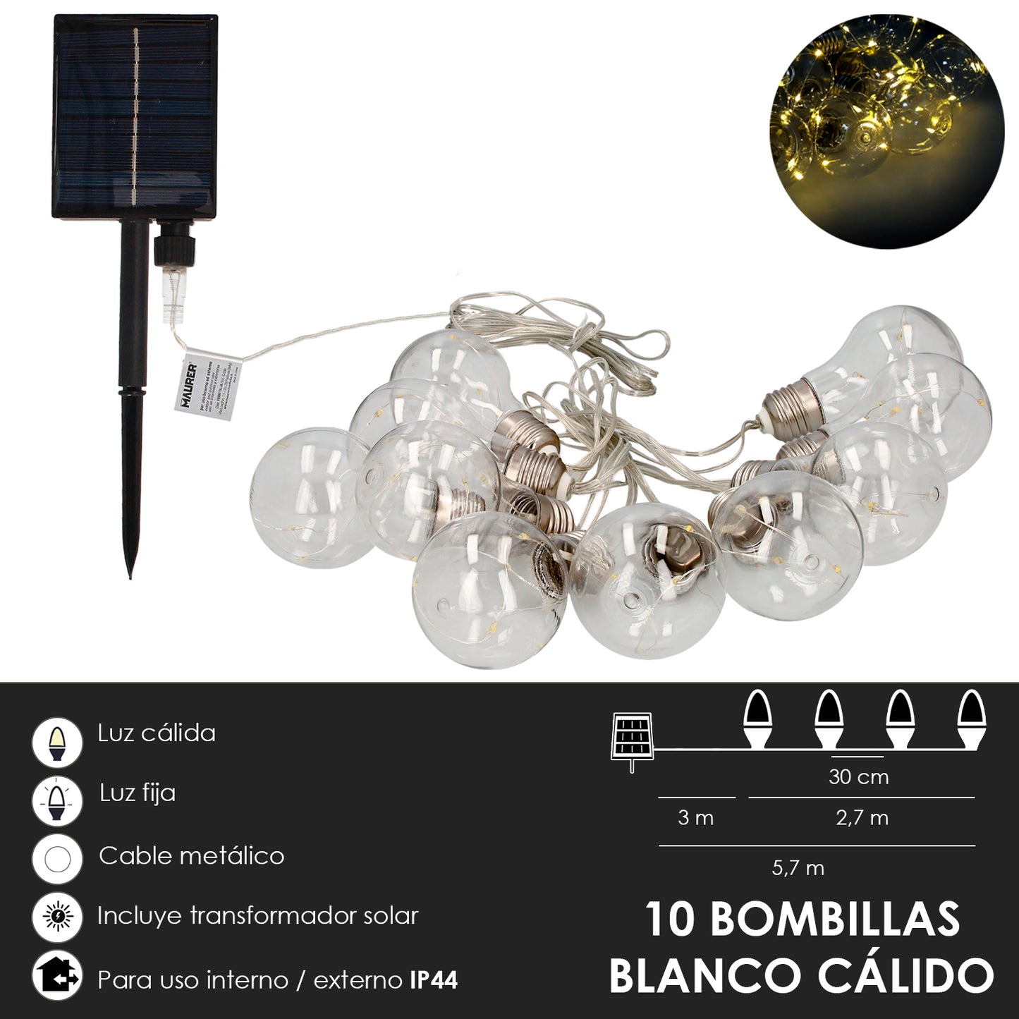 Guirnalda Solar 10 Bombillas / 50 Micro Leds Luz Calida. Bateria Recargable Uso en Exteriores / Interiores Ip44