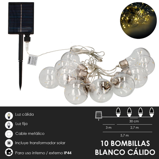 Guirnalda Solar 10 Bombillas / 50 Micro Leds Luz Calida. Bateria Recargable Uso en Exteriores / Interiores Ip44