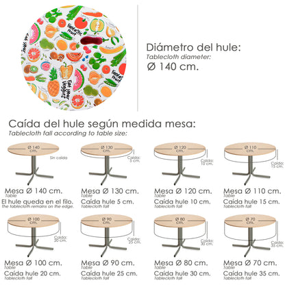 Mantel Hule Redondo Frutas Fantasia Impermeable Antimanchas PVC Ø 140 cm. Uso Interior y Exterior