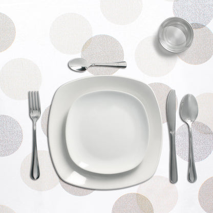 Oleado Retangular Toalha de Mesa Bege Círculos Impermeável PVC Antimanchas 140x250 cm. Uso interno e externo recortado