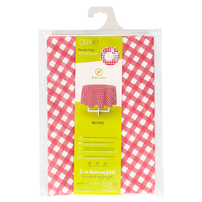 Mantel Hule Redondo Cuadros Rojos Impermeable Antimanchas PVC Ø140 cm. Uso Interior y Exterior