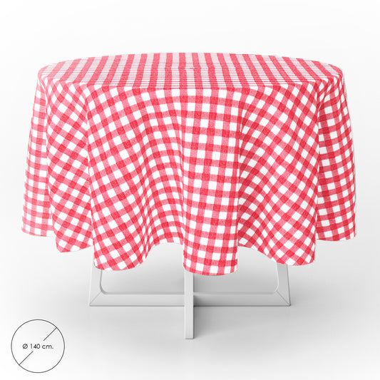 Mantel Hule Redondo Cuadros Rojos Impermeable Antimanchas PVC Ø140 cm. Uso Interior y Exterior