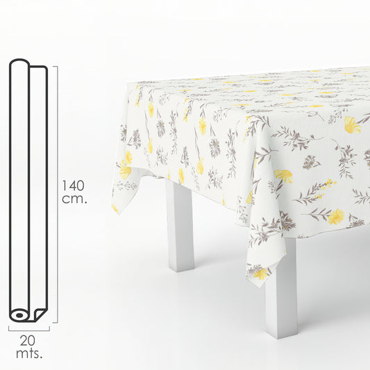 Toalha de Mesa Oleada Retangular Flores Amarelas. PVC resistente a manchas à prova d'água 140 cm. x 20 metros. Rolo recortado. Dentro e fora