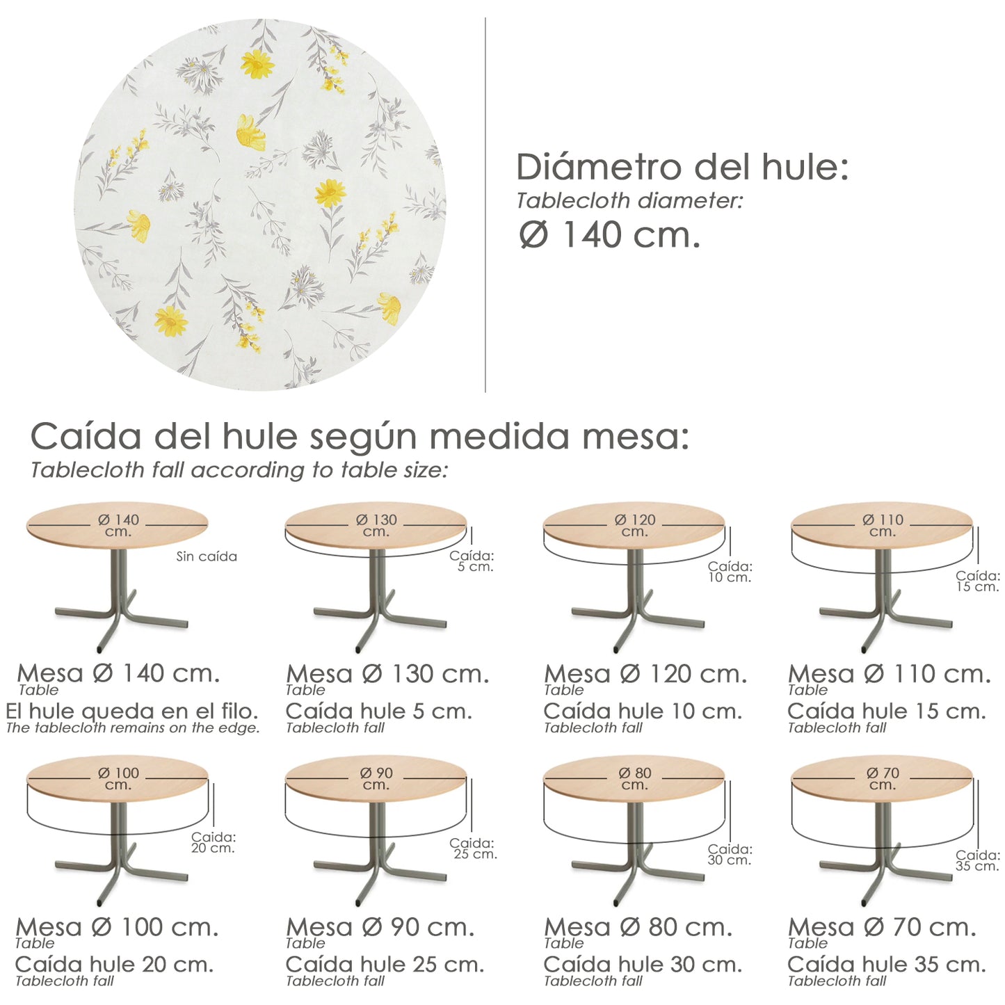 Oleado Redonda Toalha de Mesa Flores Amarelas Impermeável PVC Antimanchas Ø140 cm. Uso interno e externo