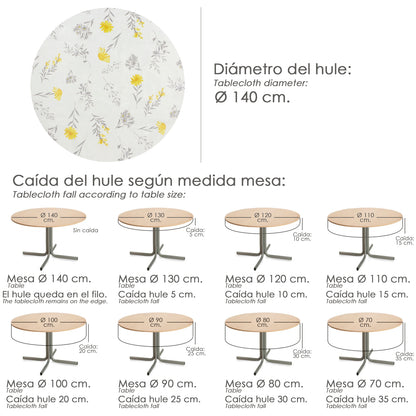 Oleado Redonda Toalha de Mesa Flores Amarelas Impermeável PVC Antimanchas Ø140 cm. Uso interno e externo