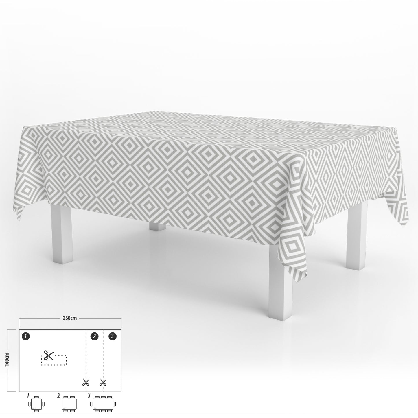 Oleado Retangular Toalha de Mesa Cinza Diamantes Impermeável PVC Resistente a Manchas 140x250 cm. Uso interno e externo recortado