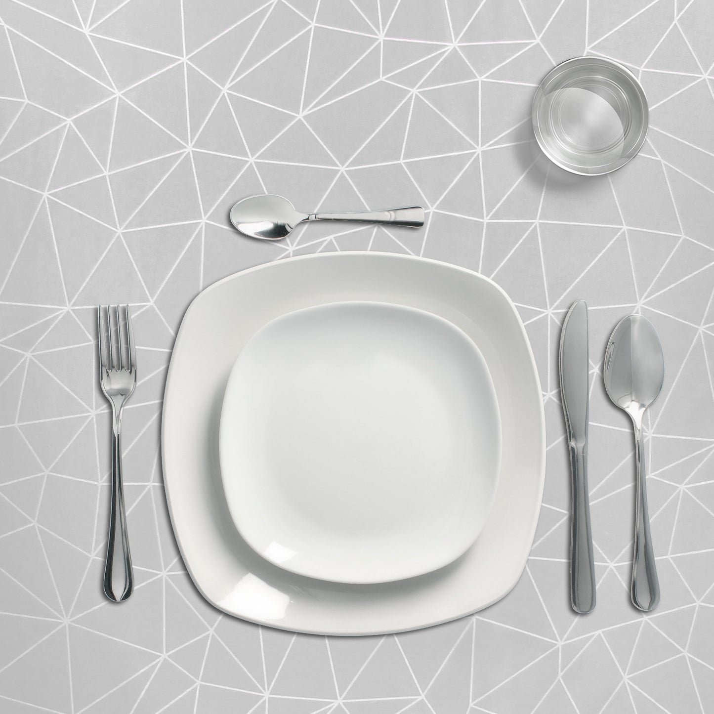 Toalha de mesa oleada retangular geométrica cinza. PVC resistente a manchas à prova d'água 140 cm. x 20 metros. Rolo recortado. Dentro e fora