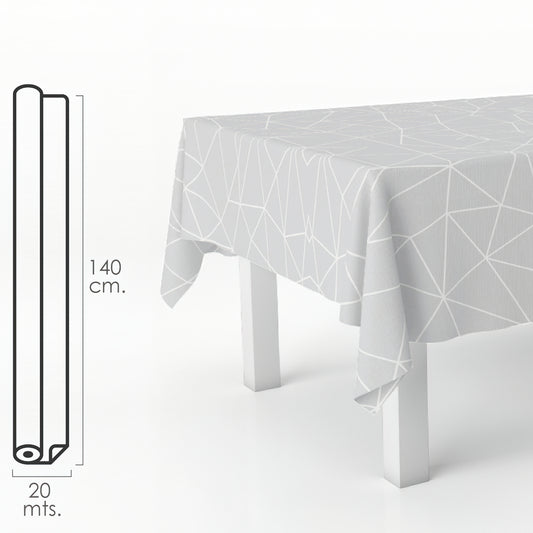 Mantel Hule Rectangular Geometrico Gris. Impermeable Antimanchas PVC 140 cm. x 20 metros. Rollo Recortable. Interior y Exterior