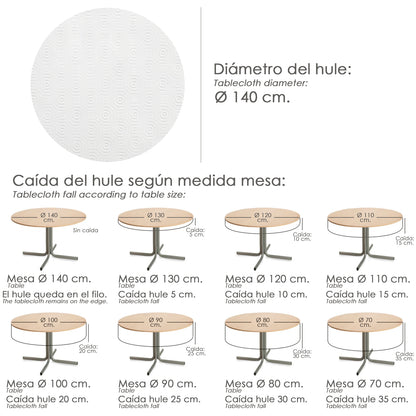 Mantel Hule Muleton Redondo Blanco Impermeable Antimanchas PVC Ø 140 cm. Uso Interior y Exterior