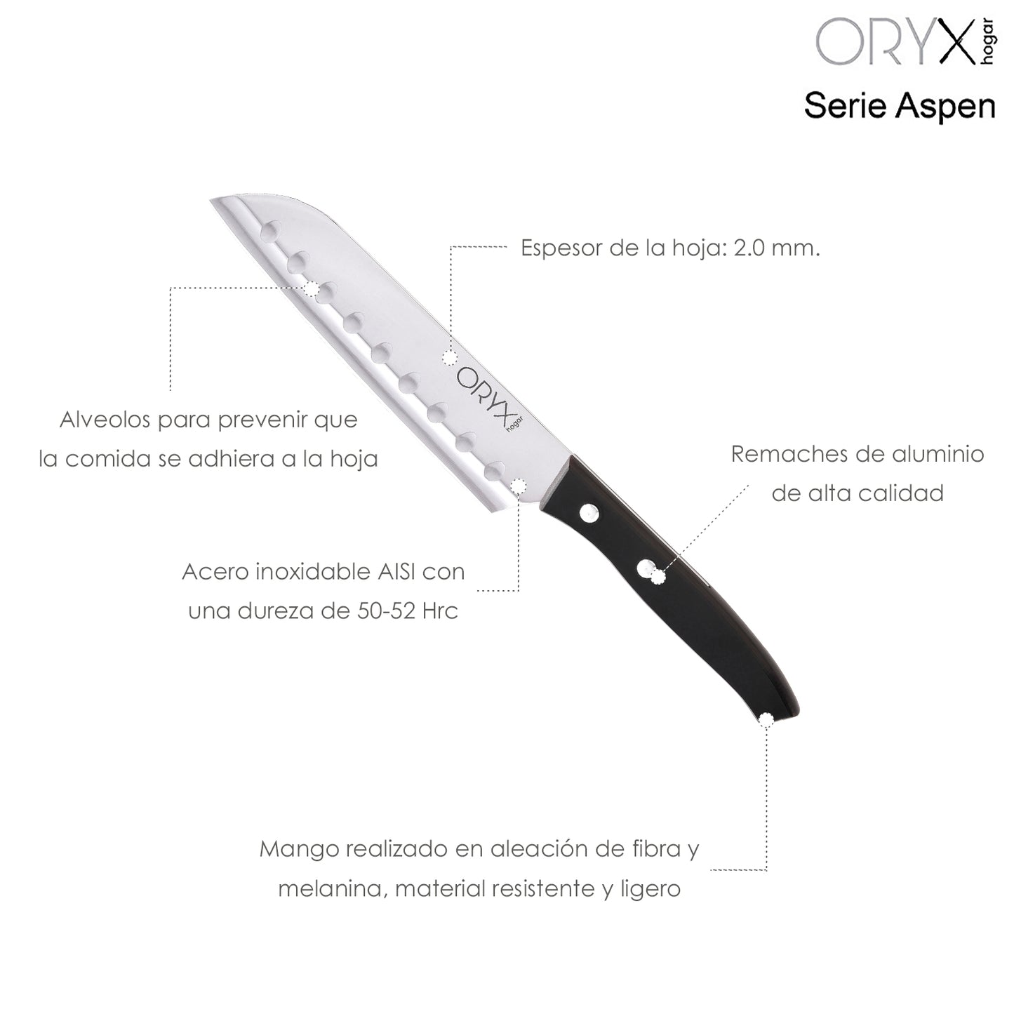 Cuchillo Aspen Santoku Hoja Acero Inoxidable 17 cm. Negro