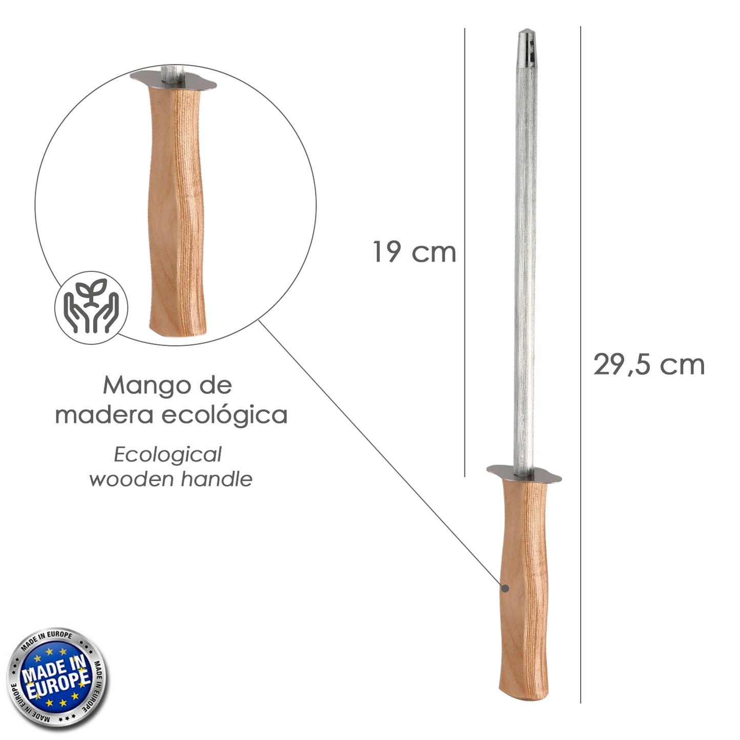 Chaira Afiladora Cocina 19 cm. Mango Madera. Chaira Afilador Cuchillos / Tijeras Manual