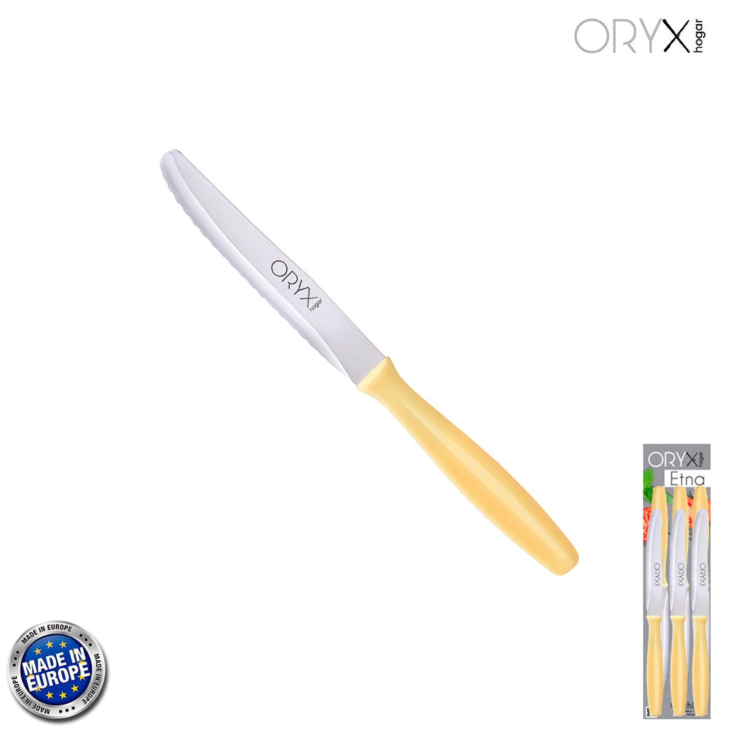 Faca de Mesa Etna Lâmina Serrada Aço Inox 10 cm. Amarelo (Blister 6 peças)