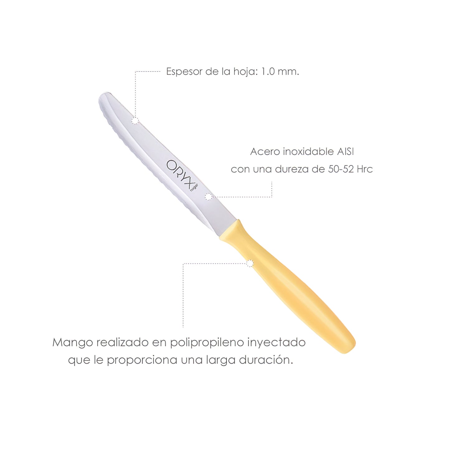 Faca de Mesa Etna Lâmina Serrada Aço Inox 10 cm. Amarelo (Blister 6 peças)