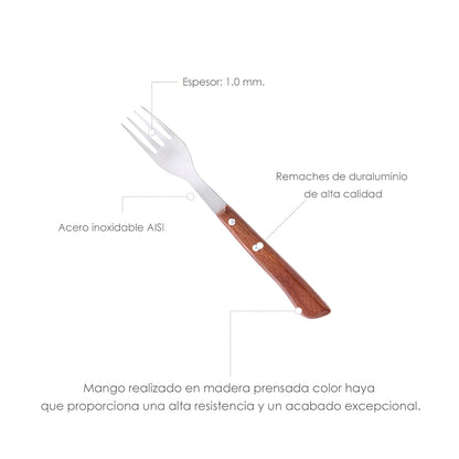 Garfo Bife Montana Aço Inox 9 cm. Cabo de madeira (bolha 3 peças)