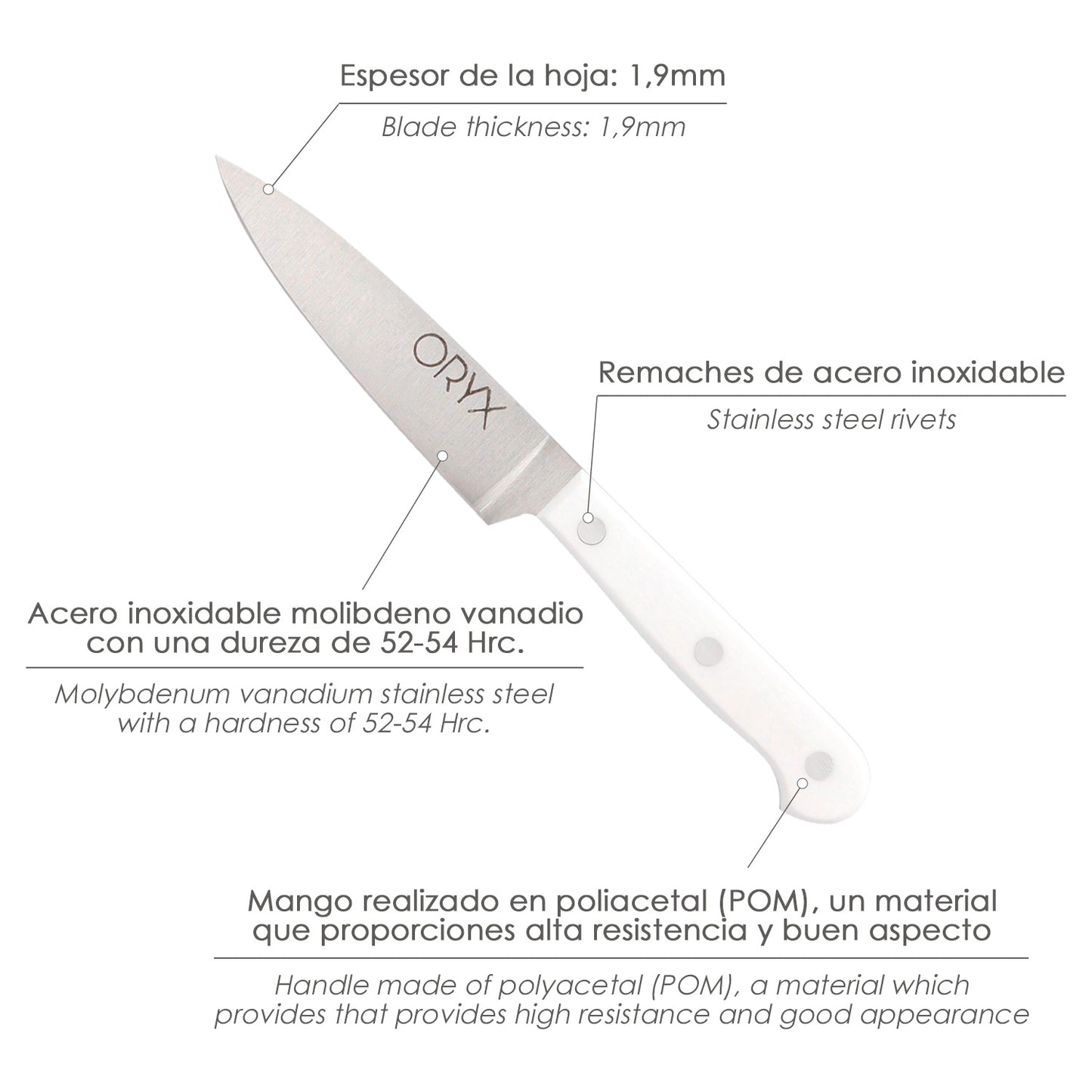 Faca de Cozinha Husky 13 cm. Lâmina de aço inoxidável, faca de carne, faca de peixe, faca de chef, cabo ergonômico branco