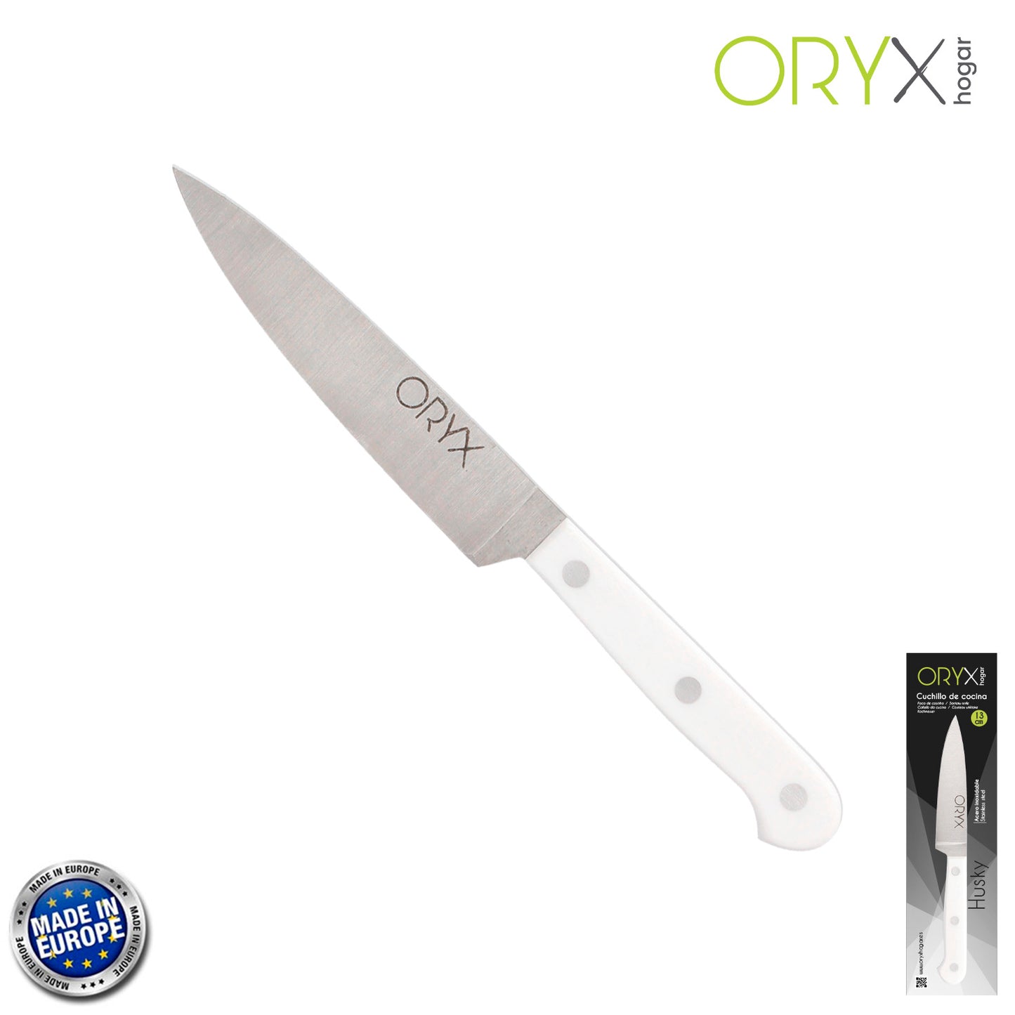 Faca de Cozinha Husky 13 cm. Lâmina de aço inoxidável, faca de carne, faca de peixe, faca de chef, cabo ergonômico branco