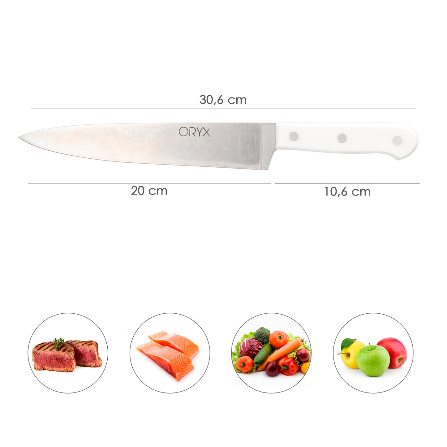 Faca de Cozinha Husky 20 cm. Lâmina de aço inoxidável, faca de carne, faca de peixe, faca de chef, cabo ergonômico branco