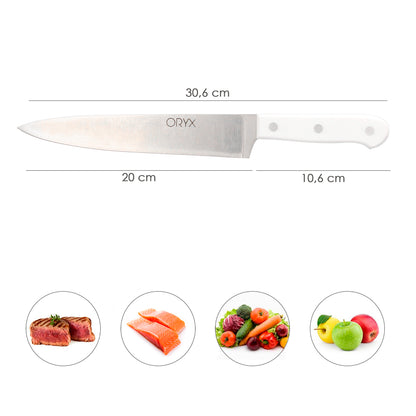 Cuchillo Husky Cocina 20 cm. Hoja Acero Inoxidable, Cuchillo Carne, Cuchillo Pescado, Cuchillo Chef, Mango Ergonomico Blanco