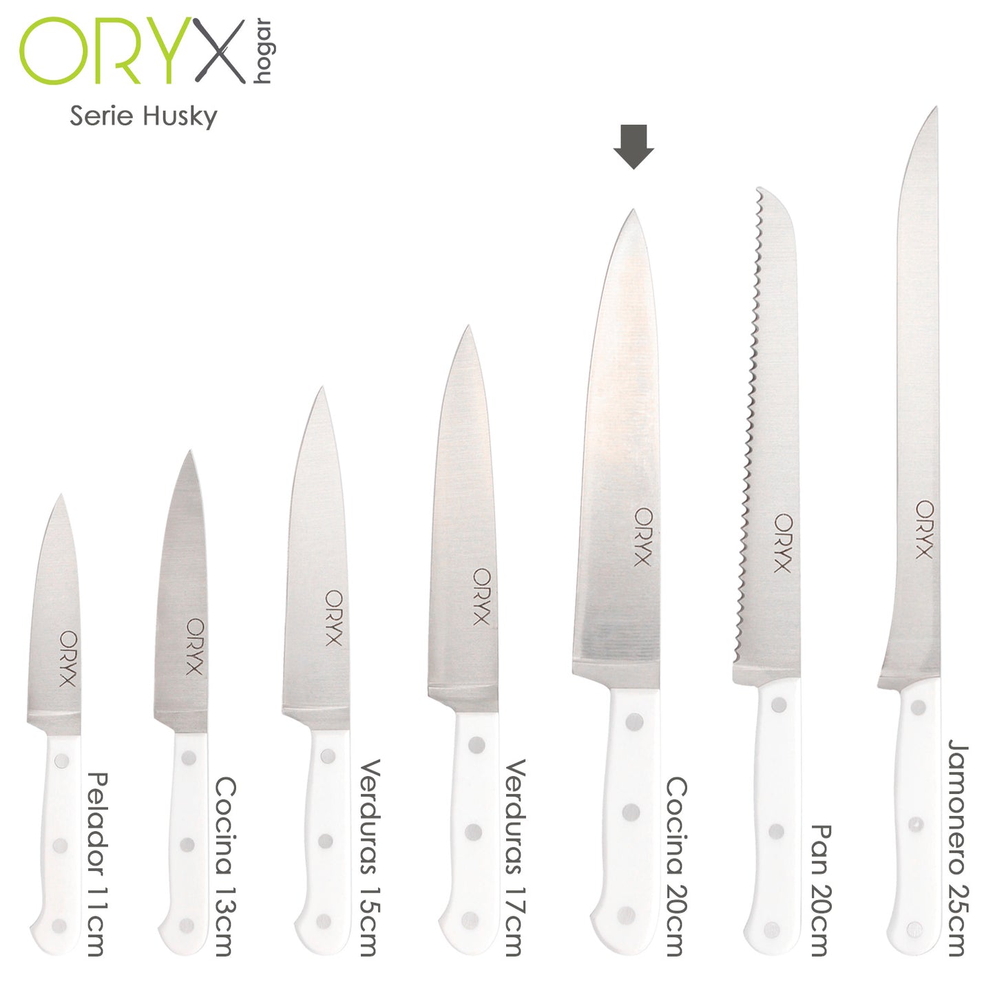 Cuchillo Husky Cocina 20 cm. Hoja Acero Inoxidable, Cuchillo Carne, Cuchillo Pescado, Cuchillo Chef, Mango Ergonomico Blanco