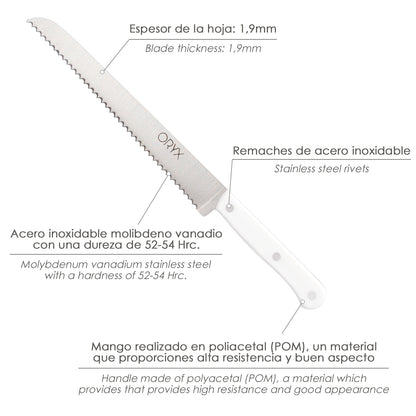 Cuchillo Husky Panero 21 cm. Hoja Acero Inoxidable, Cuchillo Pan , Cuchillo Cortar Pan Mango Ergonomico Blanco