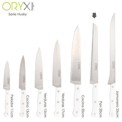 Cuchillo Husky Panero 21 cm. Hoja Acero Inoxidable, Cuchillo Pan , Cuchillo Cortar Pan Mango Ergonomico Blanco