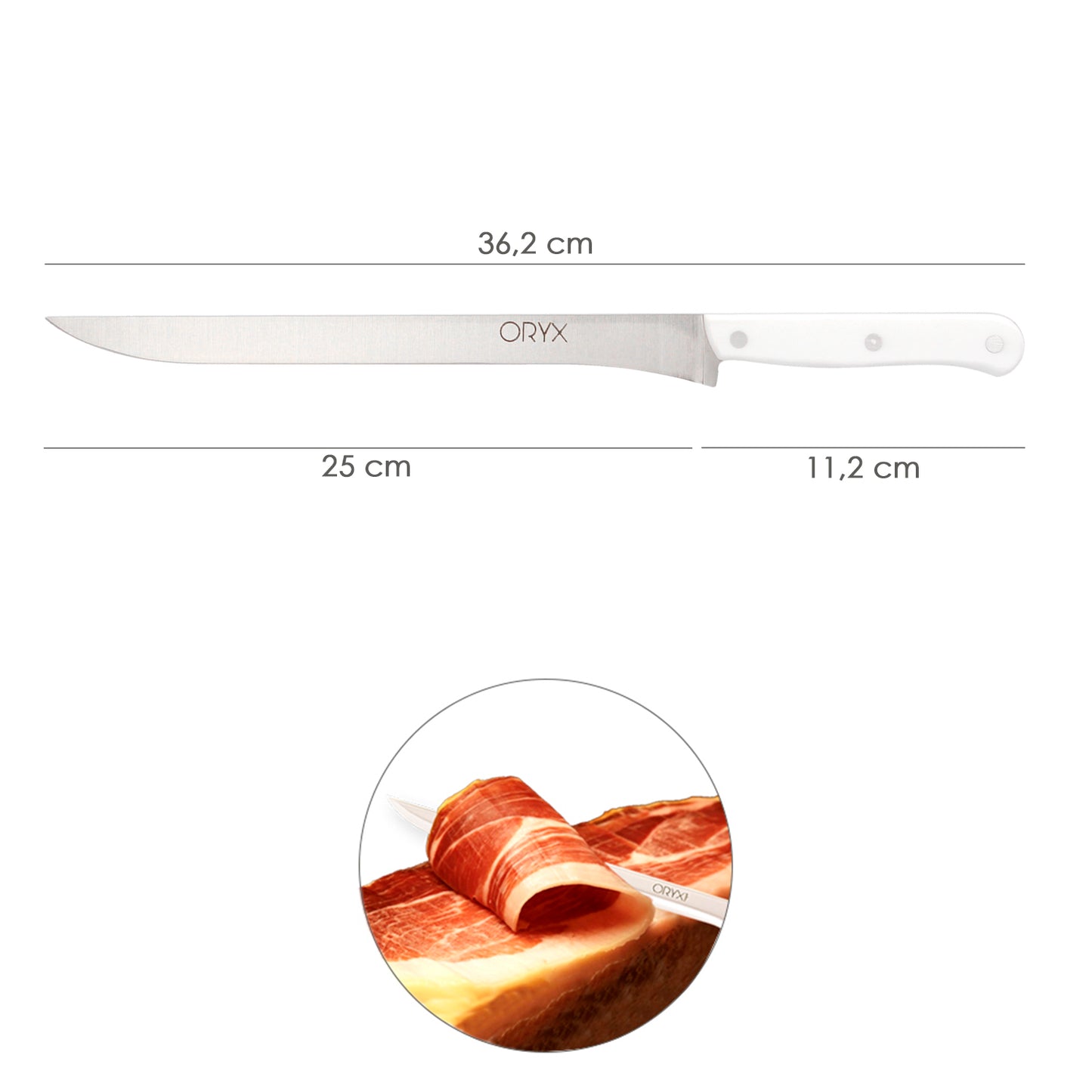 Cuchillo Husky Jamonero 25 cm. Hoja Acero Inoxidable, Cuchillo Jamon, Cuchillo Cortar Jamon Mango Ergonomico Blanco