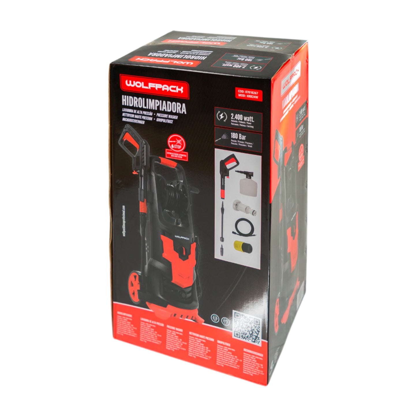 Hidrolimpiadora Alta Presión 180 Bares 2.400 Watt. Con Accesorios 390 Litros / Hora. Limpiadora de Agua Con Deposito Detergente