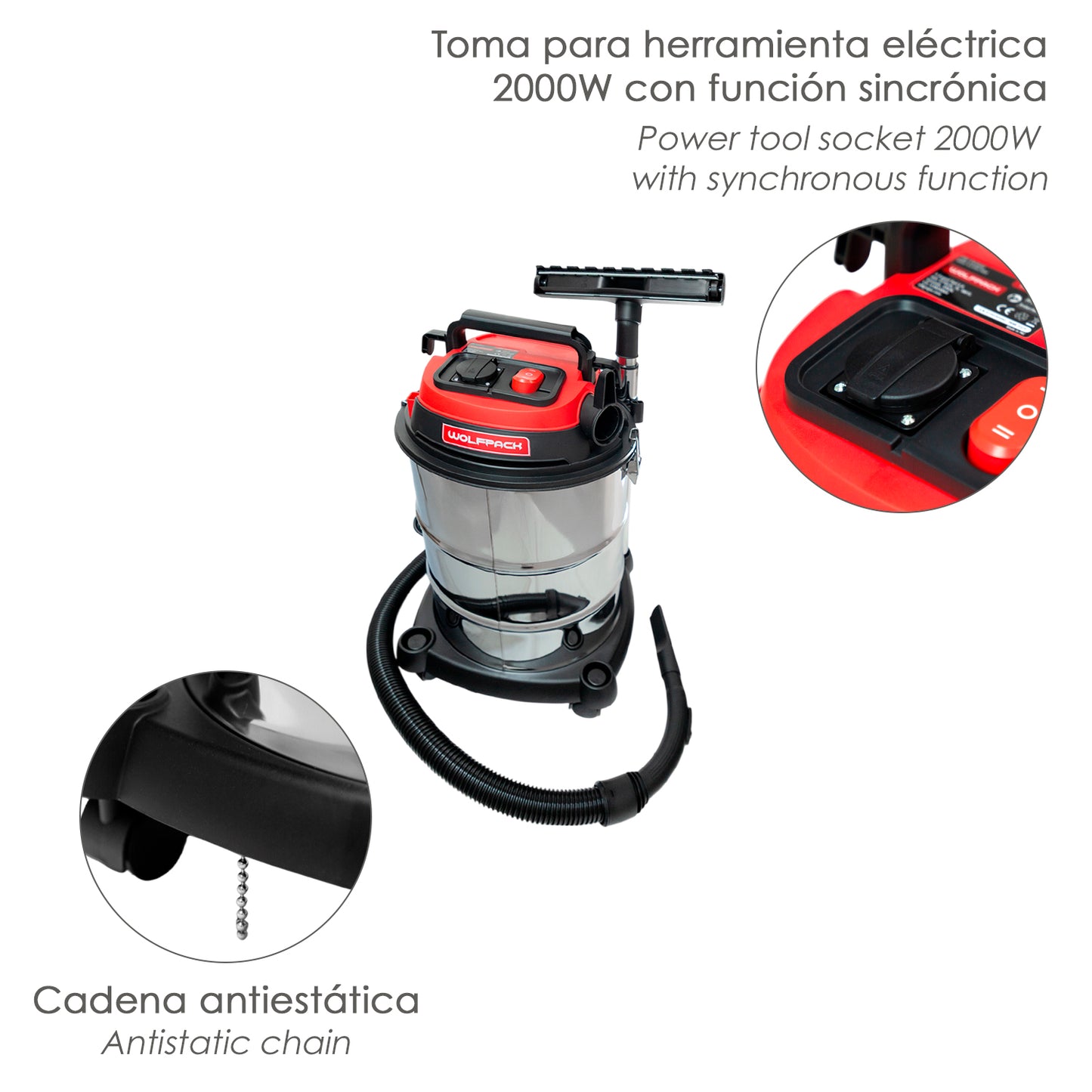 Aspirador Inoxidable 30 Litros / 1400 Watt. Interruptor Sincronizado.